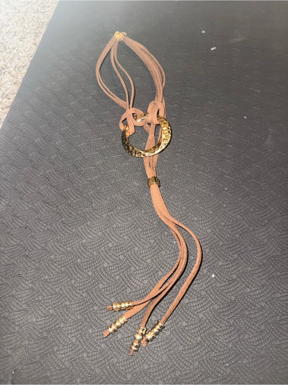 Suede Tassel Lariat Necklace with Hammered Gold Accent - Brown2